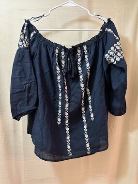 Abercrombie & Fitch Boho Peasant Blouse Navy Embroidered Tassel XL